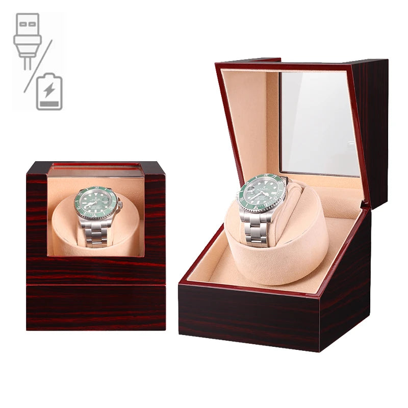 Embers Luxry Single Watch Winder Battery Wooden Shaker Watch Box Automatic Winder Glass Storage Case Mabuchi Motro