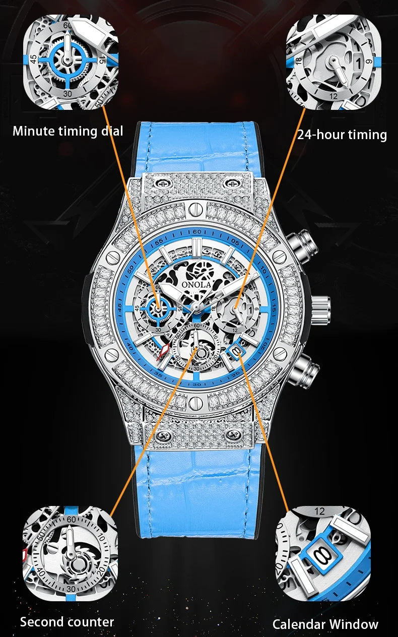 ONOLA 6856 Fashion Sports Luxury Men Wristwatch Date Waterproof Luminous Chronograph Man Watch Unique Leather Quartz Men's Watch
